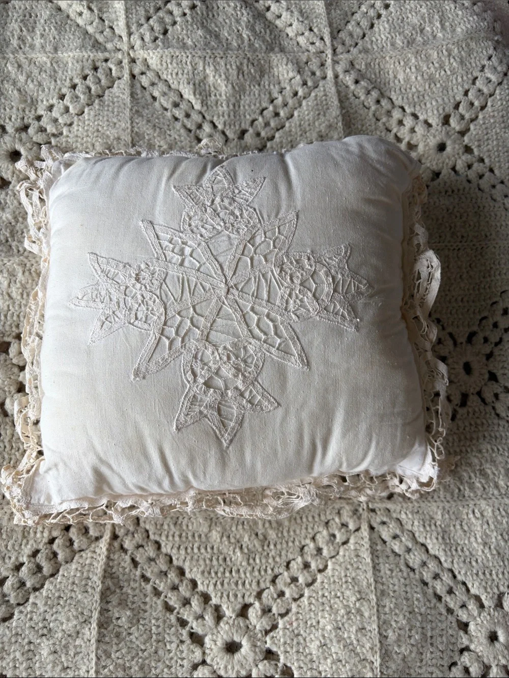 Handcrafted vintage Cream Decorative batternberg lace Pillow some yellowing